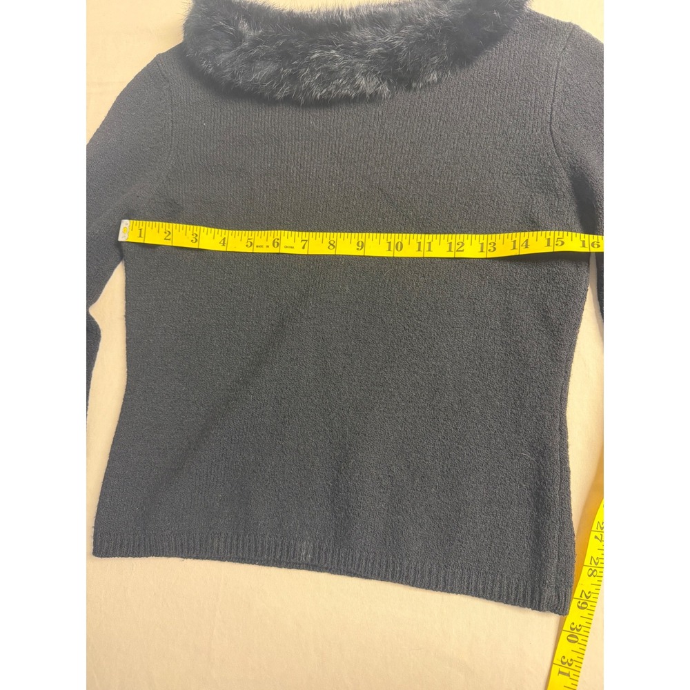 Harold's Black Merino‎ Wool Faux Fur Collar Sweater Women Small Vintage Style - Picture 4 of 4